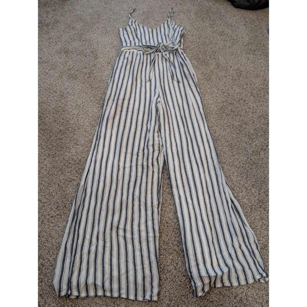 American Eagle Striped Wide Leg Jumpsuit Blue White Tie Waist Medium